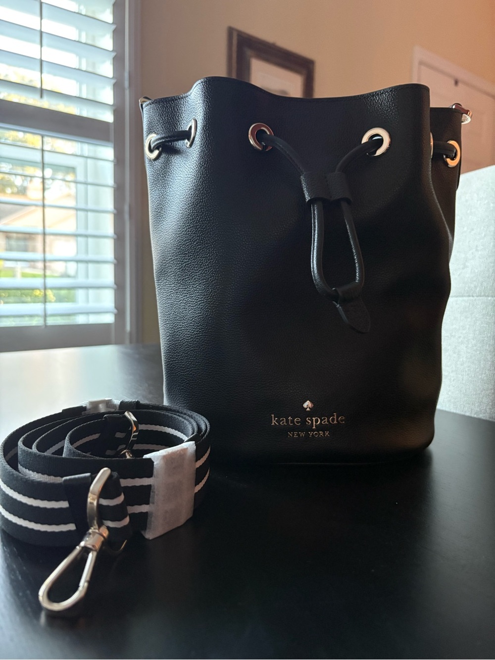 kate spade Black Leather Drawstring Crossbody Bucket Bag with Striped Strap